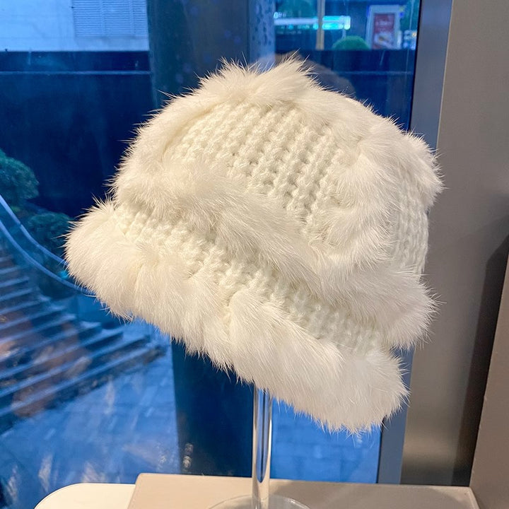 Gorro de pescador de punto de piel de conejo para mujer: protección auditiva para otoño e invierno, hilo de punto cálido, gorro de felpa con cabeza de león de tendencia nacional.