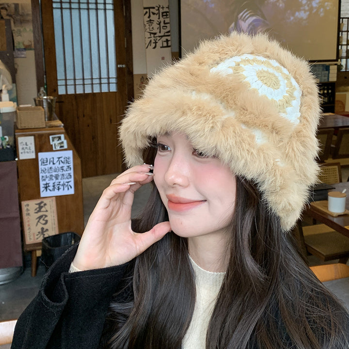 Gorro de pescador de piel de conejo con diseño de león de National Trend: cálido, adelgazante y tejido de felpa para mujer, con un bonito sombrero de pescador con cabeza de tigre.