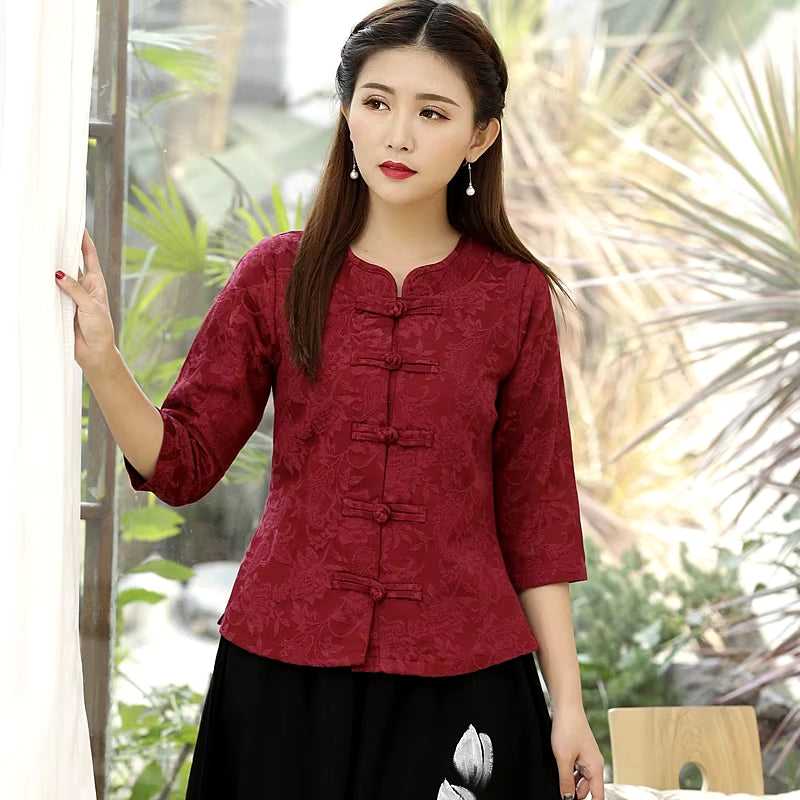 Traditional Chinese Clothing Cotton Linen Shirt Blouse Vintage Lady Solid Tops Oriental Hanfu Chinese Style Clothing Women 11643