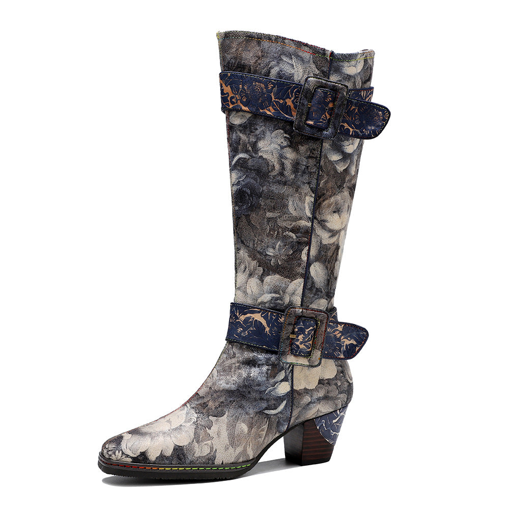 Cross-border new spot texture Chinese retro Chinese painting landscape pattern printed belt buckle thick heel high boots 1