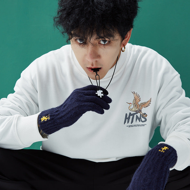 New Chinese Style Knitted Gloves for Men – Autumn/Winter Outdoor Thermal, Touchscreen, Anti-Slip, Cycling, Student Style (Model DZ80)