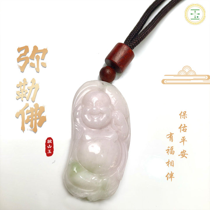 Nanyang Dushan Jade Laughing Buddha Pendant – Round Jade Charm in Hibiscus Pink &amp; Full Green