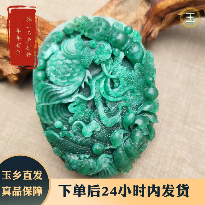 Natural Nanyang Dushan Jade “Year After Year of Abundance” Pendant – White &amp; Sky Blue Jade Sweater Chain Charm