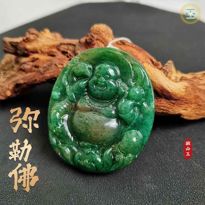 Nanyang Dushan Jade Laughing Buddha Pendant – Round Jade Charm in Hibiscus Pink &amp; Full Green