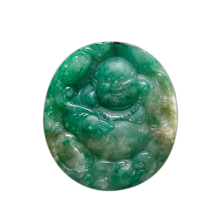 Nanyang Dushan Jade Laughing Buddha Pendant – Round Jade Charm in Hibiscus Pink &amp; Full Green