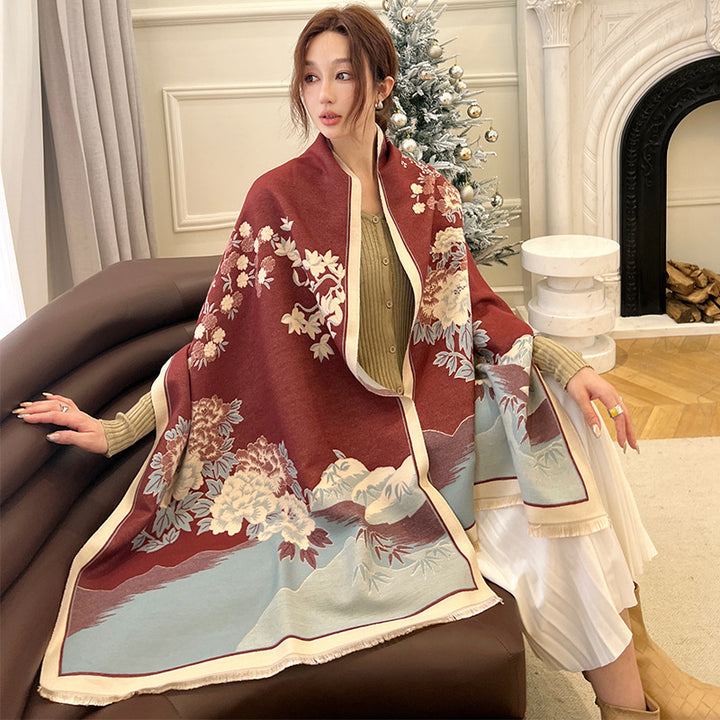 Autumn/Winter New Chinese Style Faux Cashmere Scarf for Women – Ink Wash Landscape Design Thick Warm Shawl
