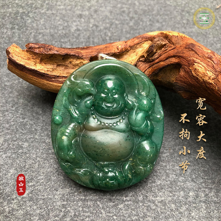 Nanyang Dushan Jade Laughing Buddha Pendant – Round Jade Charm in Hibiscus Pink &amp; Full Green