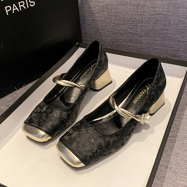 New Chinese style light luxury genuine leather mid-heel shoes for women 2024 metal square head one-strap thick heel Mary Jane single shoes