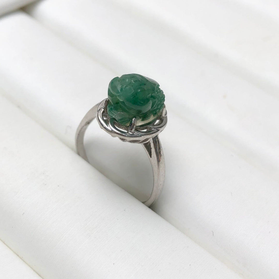 Nanyang Dushan Jade Pixiu Ring – Carved Jade Cabochon 925 Silver Open Ring for Women
