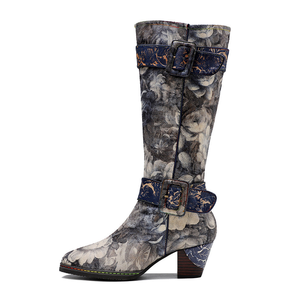Cross-border new spot texture Chinese retro Chinese painting landscape pattern printed belt buckle thick heel high boots 1