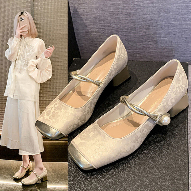 New Chinese style light luxury genuine leather mid-heel shoes for women 2024 metal square head one-strap thick heel Mary Jane single shoes