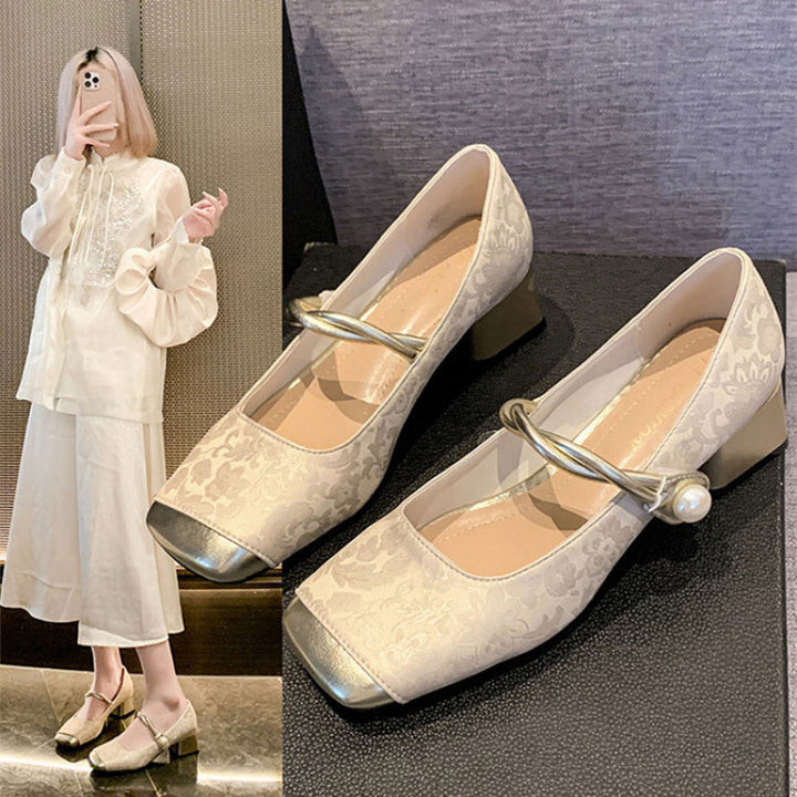 New Chinese style light luxury genuine leather mid-heel shoes for women 2024 metal square head one-strap thick heel Mary Jane single shoes