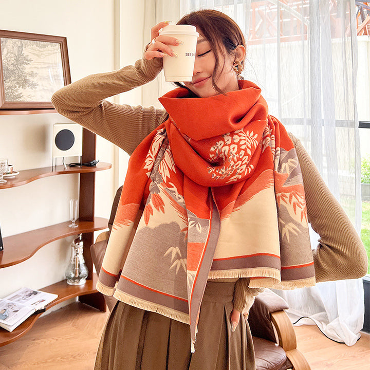 Autumn/Winter New Chinese Style Faux Cashmere Scarf for Women – Ink Wash Landscape Design Thick Warm Shawl