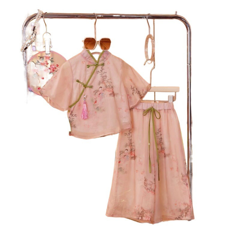 Girls summer Hanfu suit 2024 new Chinese style Tang suit for middle and large children girls new Chinese ancient costume short sleeve