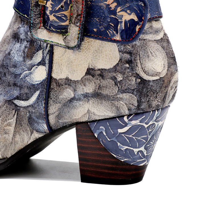 Cross-border new spot texture Chinese retro Chinese painting landscape pattern printed belt buckle thick heel high boots 1