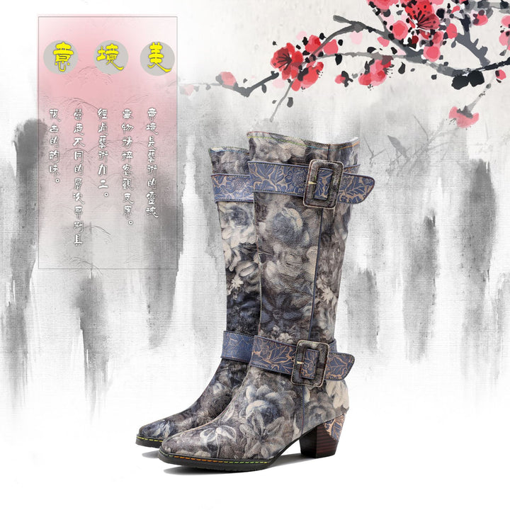 Cross-border new spot texture Chinese retro Chinese painting landscape pattern printed belt buckle thick heel high boots 1