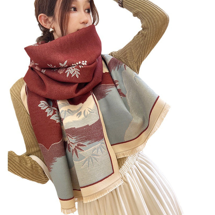 Autumn/Winter New Chinese Style Faux Cashmere Scarf for Women – Ink Wash Landscape Design Thick Warm Shawl
