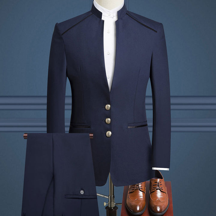 Classic Zhongshan suit jacket and pants two-piece suit retro style open chest double fork gold button foreign trade men's suit wholesale