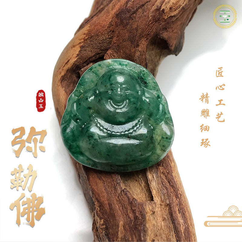 Nanyang Dushan Jade Laughing Buddha Pendant – Round Jade Charm in Hibiscus Pink &amp; Full Green