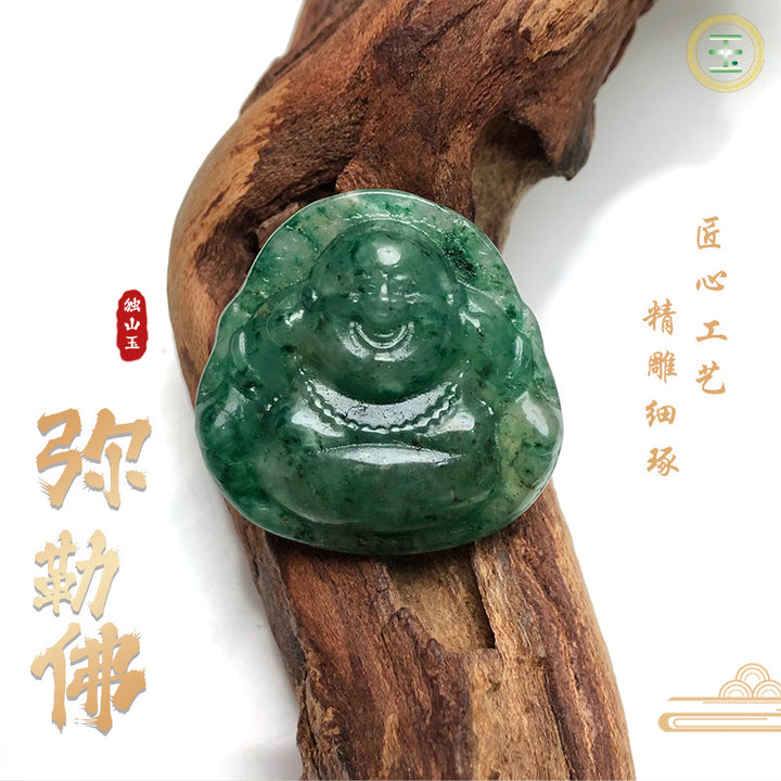Nanyang Dushan Jade Laughing Buddha Pendant – Round Jade Charm in Hibiscus Pink &amp; Full Green