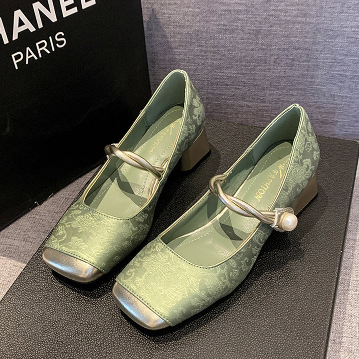 New Chinese style light luxury genuine leather mid-heel shoes for women 2024 metal square head one-strap thick heel Mary Jane single shoes