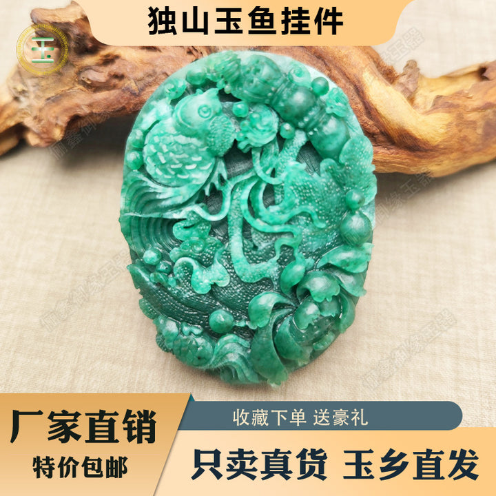 Natural Nanyang Dushan Jade “Year After Year of Abundance” Pendant – White &amp; Sky Blue Jade Sweater Chain Charm