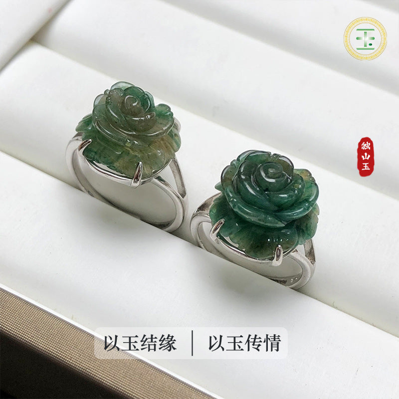 Nanyang Dushan Jade Pixiu Ring – Carved Jade Cabochon 925 Silver Open Ring for Women