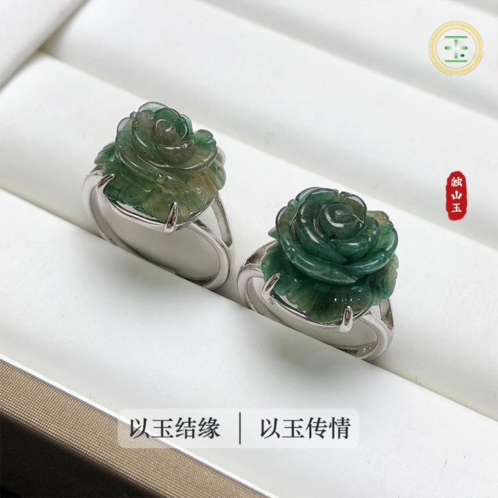 Nanyang Dushan Jade Pixiu Ring – Carved Jade Cabochon 925 Silver Open Ring for Women