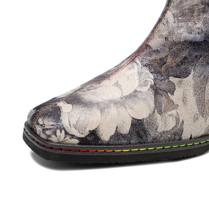 Cross-border new spot texture Chinese retro Chinese painting landscape pattern printed belt buckle thick heel high boots 1