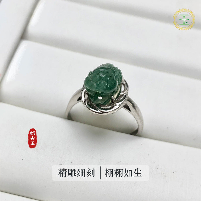 Nanyang Dushan Jade Pixiu Ring – Carved Jade Cabochon 925 Silver Open Ring for Women