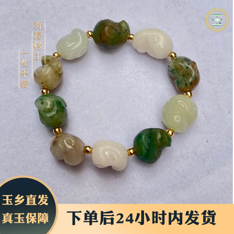 Dushan Jade Monkey Head Bead Bracelet – Natural Chinese Jade Hand String in Green, Pink, White &amp; Sky Blue