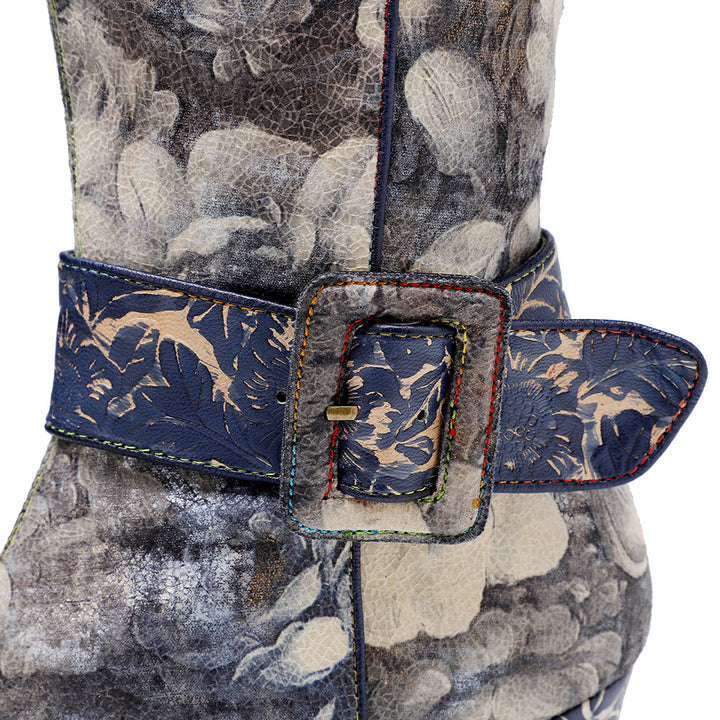 Cross-border new spot texture Chinese retro Chinese painting landscape pattern printed belt buckle thick heel high boots 1