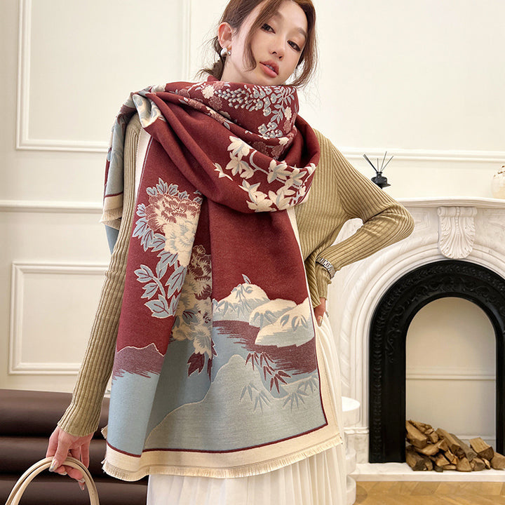 Autumn/Winter New Chinese Style Faux Cashmere Scarf for Women – Ink Wash Landscape Design Thick Warm Shawl