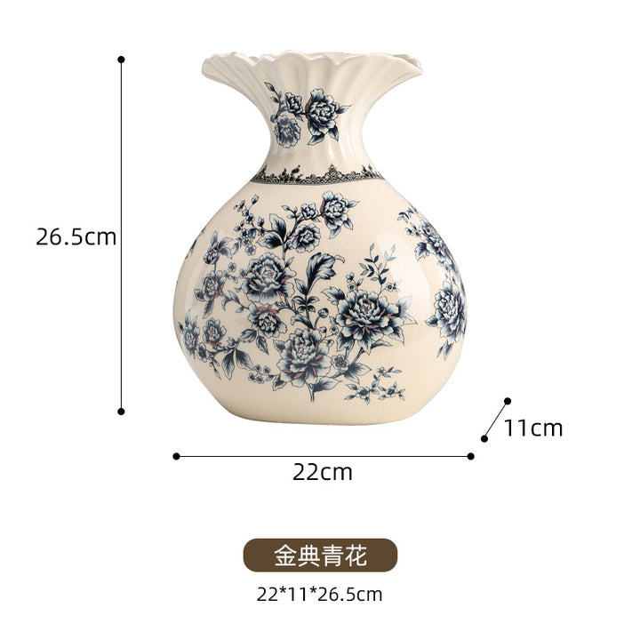 Creative New Chinese Ceramic Vase, Vintage Blue and White Porcelain Vase, Home Living Room Decoration, Flower Arrangement, Porcelain, American Ornaments