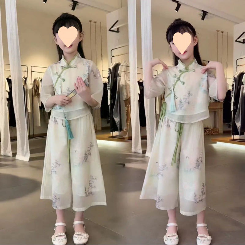 Girls summer Hanfu suit 2024 new Chinese style Tang suit for middle and large children girls new Chinese ancient costume short sleeve