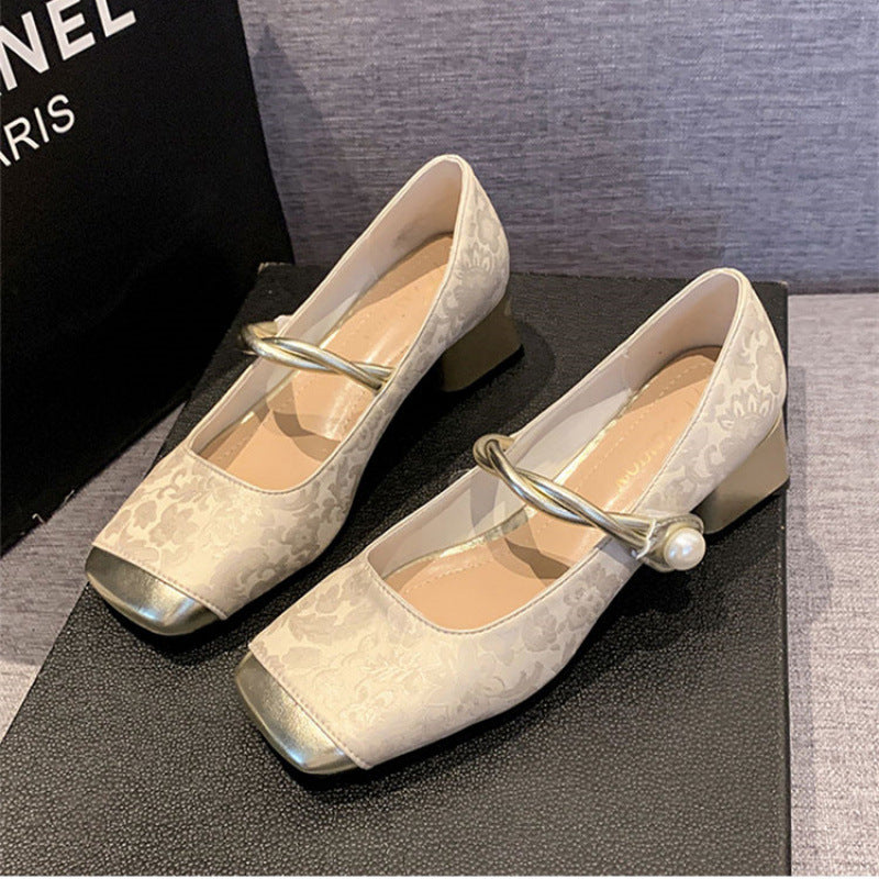New Chinese style light luxury genuine leather mid-heel shoes for women 2024 metal square head one-strap thick heel Mary Jane single shoes