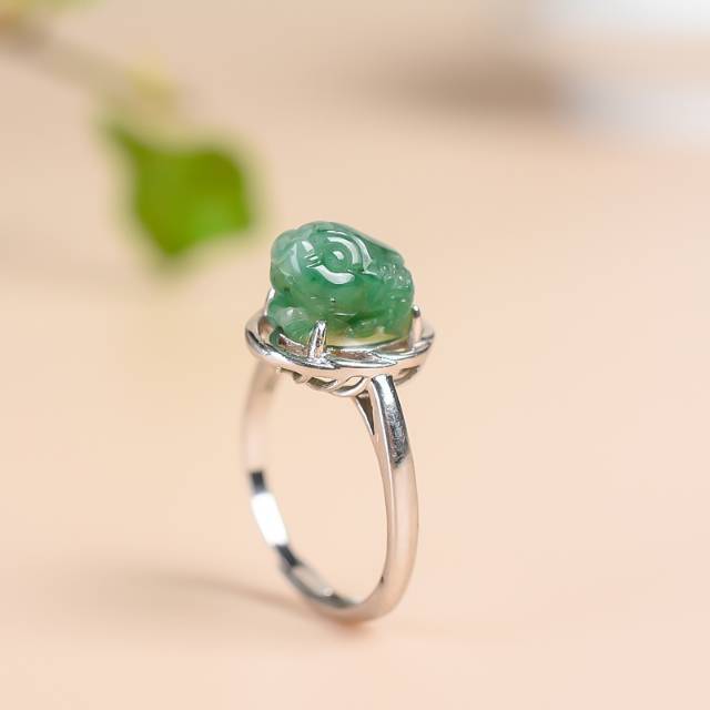 Nanyang Dushan Jade Pixiu Ring – Carved Jade Cabochon 925 Silver Open Ring for Women