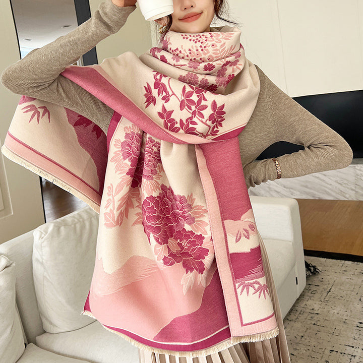 Autumn/Winter New Chinese Style Faux Cashmere Scarf for Women – Ink Wash Landscape Design Thick Warm Shawl