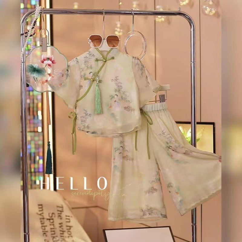 Girls summer Hanfu suit 2024 new Chinese style Tang suit for middle and large children girls new Chinese ancient costume short sleeve
