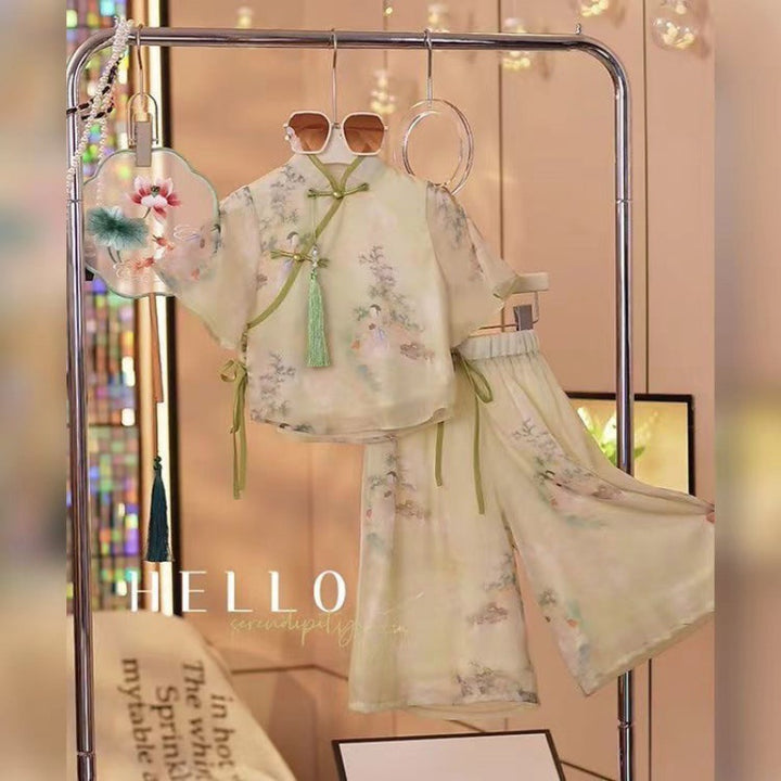 Girls summer Hanfu suit 2024 new Chinese style Tang suit for middle and large children girls new Chinese ancient costume short sleeve