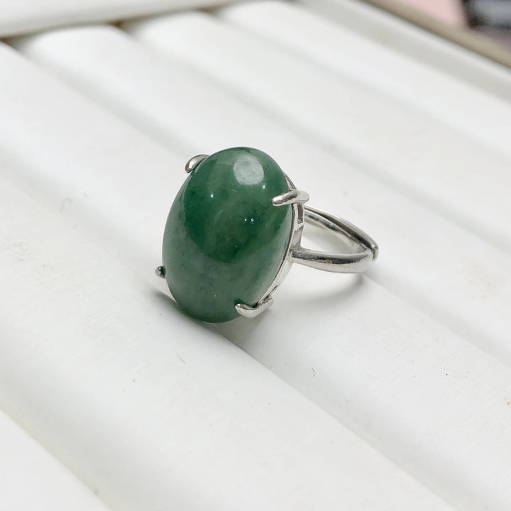 Nanyang Dushan Jade Pixiu Ring – Carved Jade Cabochon 925 Silver Open Ring for Women