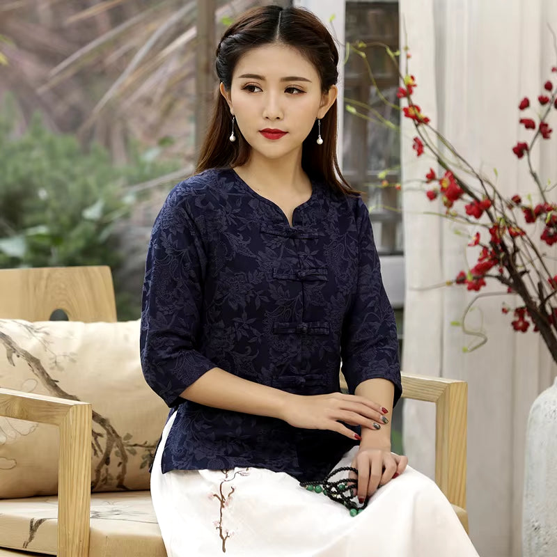Traditional Chinese Clothing Cotton Linen Shirt Blouse Vintage Lady Solid Tops Oriental Hanfu Chinese Style Clothing Women 11643