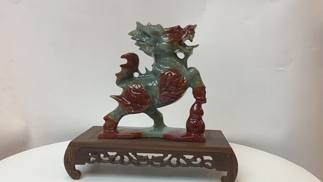 Jade Kirin Figurine - Feng Shui Talisman for Birth Year, 20cm High, Xiuyu Jade Stone, Good Luck Gift